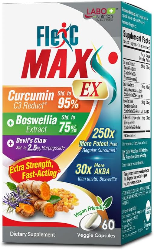 LABO Nutrition FlexC MAX EX עם Turmeric Curcumin C3 Reduct 95% Tetrahydrocurcuminoids, bioperine, Boswellia Extract & Devil's Claw, Antioxidation יעיל, Joint & Body Discomfort הקלה