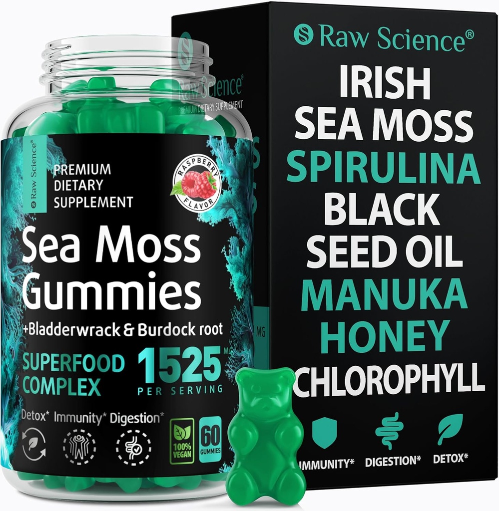 Irish Sea Moss Gummies - Detox & Suport tiroidian pentru femei si barbati - Ulei de seminte negru, Manuka Honey, Schindugreek, Clorofila: Suport Immune, Imunitate Supliment - Brodock Root, Bladderwrack - 60 Gummies