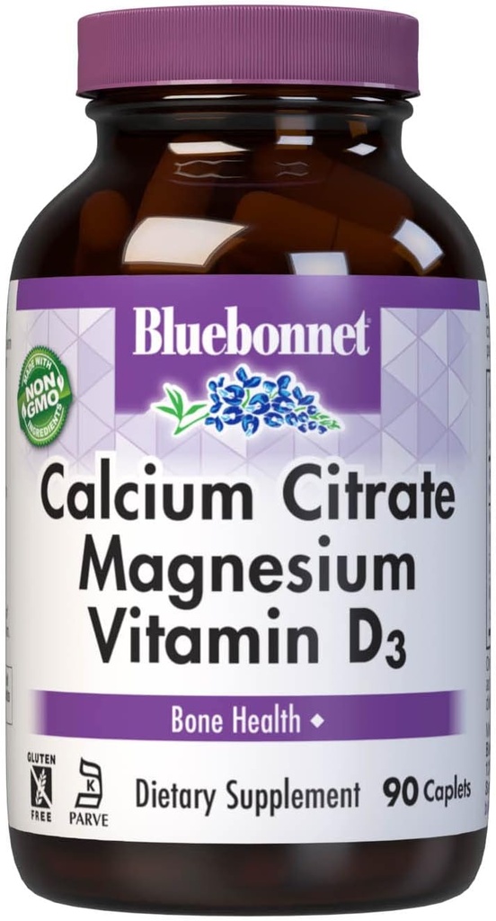 Bluebonnet Toitumine Kaltsiumtsitraat Magneesium Plus Vitamiin D3 Kapslid, Luude Tervis & Lihaste Lõõgastus, Mitte-GMO, Gluteen, Soja & Piima Vaba, Kosher, Valge, 90 Count