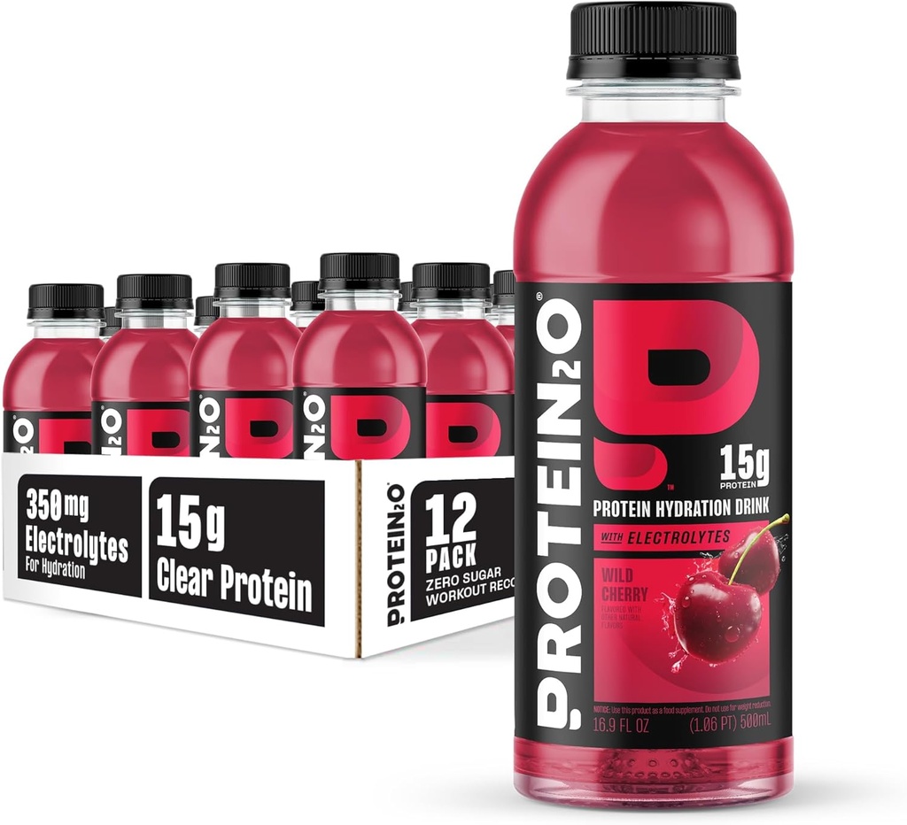 Protein2o Hydration 음료 - 2-in-1 액체 Clear Whey Protein Isolate 및 Electrolyte 음료 - 15g Protein, Vitamin B5, B6 - Post-Workout Recovery - 16.9 Fl Oz - 12 Count Wild Cherry