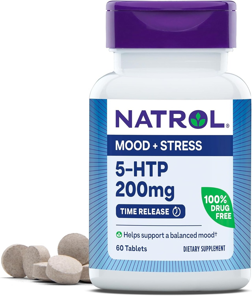 Natrol 5-HTP 200mg, Хранителна добавка помага за подкрепа на балансирана настроение, 60 Time освобождаване таблетки, 60 дни доставка