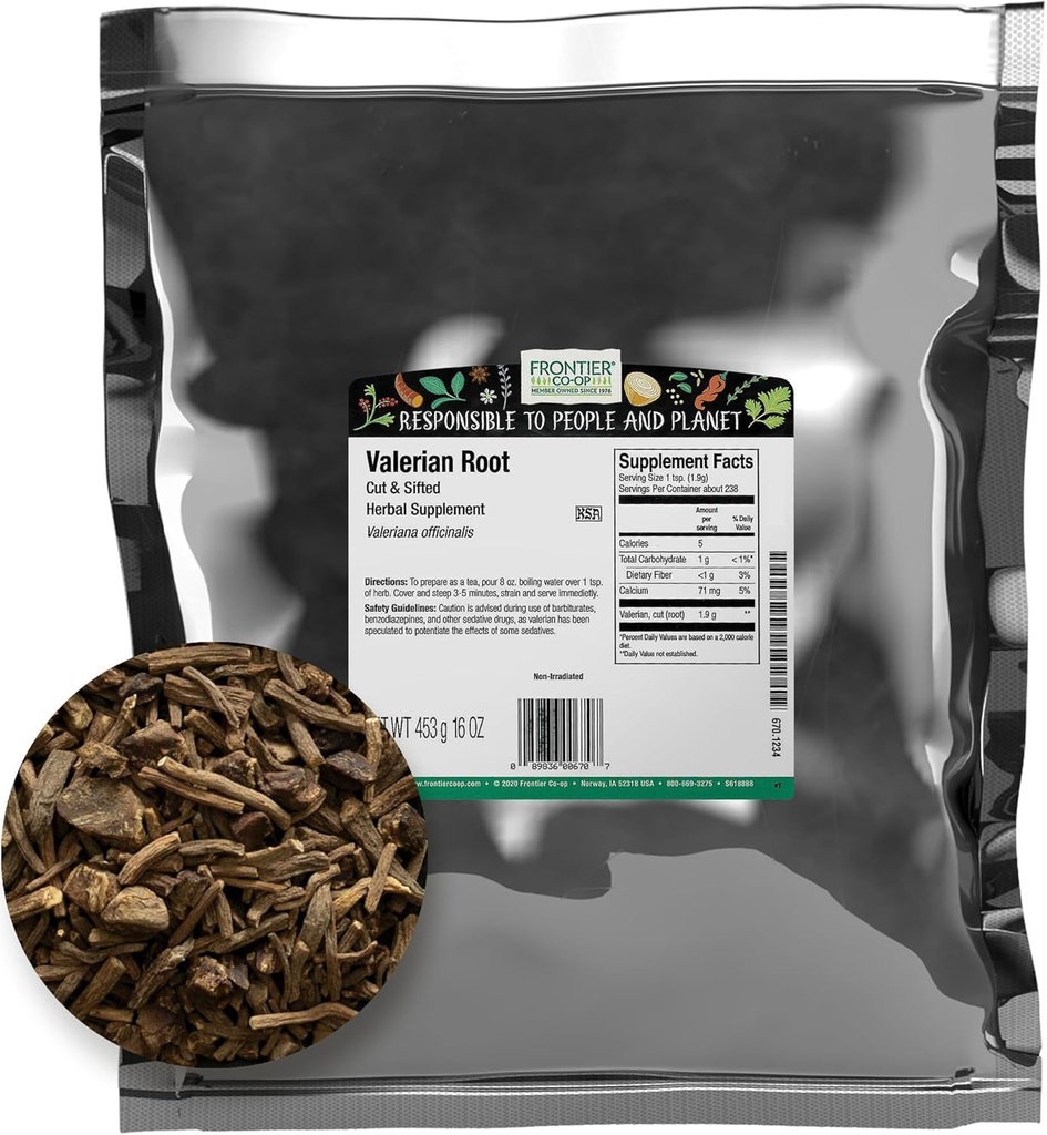 Frontier Co-op Cut and Sifted Valerian Root 1lb, Kosher - para Valerian Root Tea, DIY Suplemento Cápsulas, Fórmulas para dormir e Travesseiros para dormir