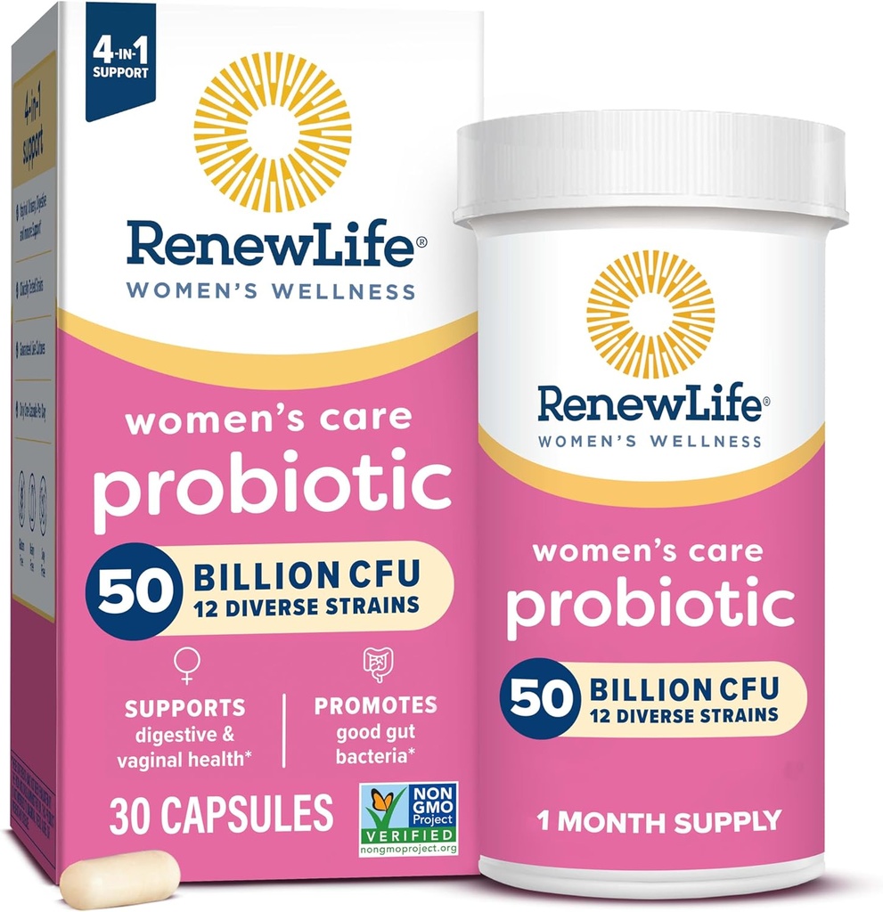 Renew Life Women's Probiotic Capsules, 50 Billion CFU garanterad, stöder pH Balance, Vaginal, Urinary, Digestive and Immune Health(2), L. Rhamnosus GG, Dairy, Soy och Gluten-Free, 30 Count