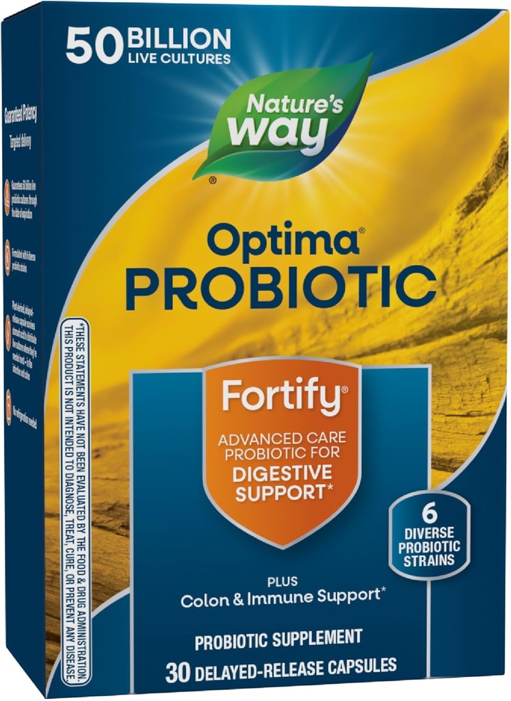 Nature's Way Optima Probiotic für Männer und Frauen, 50 Billion Live Cultures, 6 Strains, unterstützt Verdauungs- und Immungesundheit*, 30 Kapseln (Packaging May Vary)