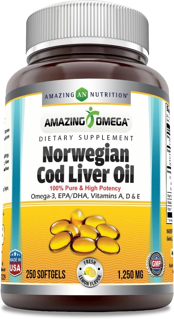 אומגה נורוויג'ן Cod Liver Oil 1250 Mg Softgels תוסף אומגה 3, EPA, DHA, ויטמין A, ויטמין D & ויטמין E (Orange | 250 Count)