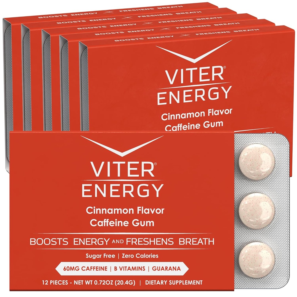 Viter energia kofeinoitu Gum 60mg kofeiini, B-vitamiinit, Guarana, sokeriton. (kaneli, 12kpl, 6 pakkaus)