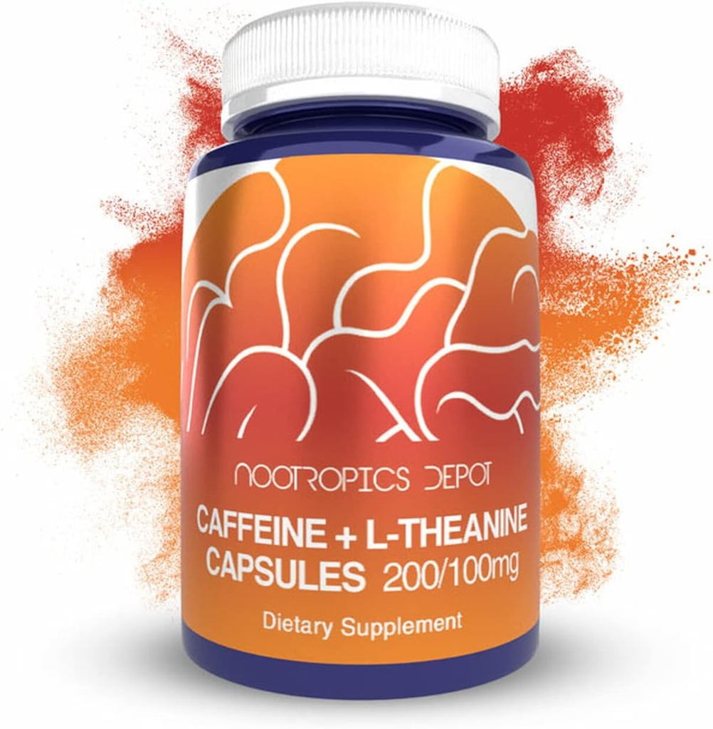 Nootropics Depot Kofeiin ja L-Theanine Kapslid | 60 Count | Sisaldab 200mg Kofeiini ja 100mg L-Theanine | Natural Supplement | Energy Booster | Vaimne fookus + häire | Kohv Alternatiivne