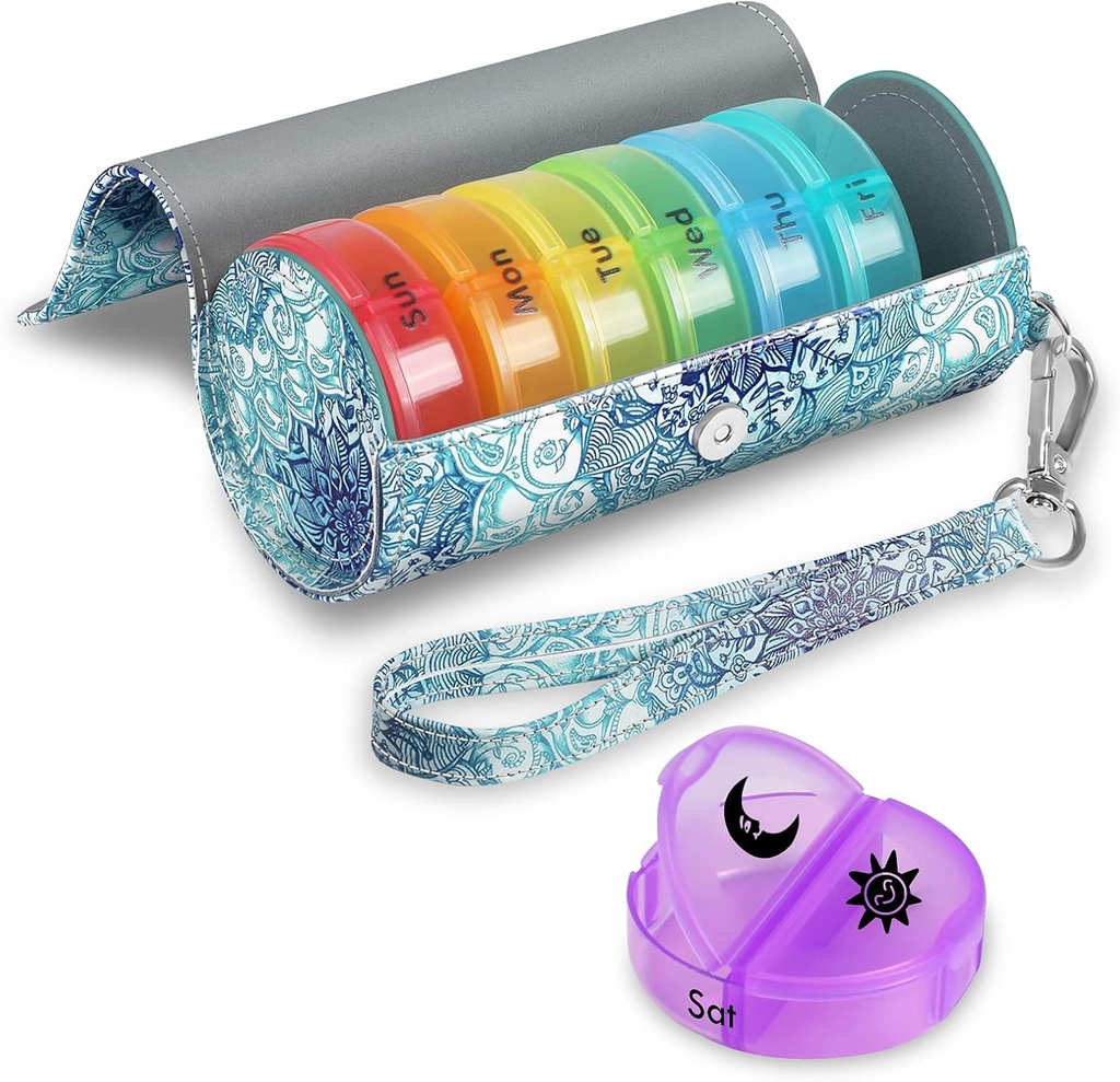 FINPAC Pill Organizator 2 Times A Day, Large Weekly AM PM Pilula cutie cu transport PU din piele caz pentru 7 zile Medicina de îngrijire, Medicină rotundă Vitamina Dispenser Container și Titulari (Iluzii de smarald)