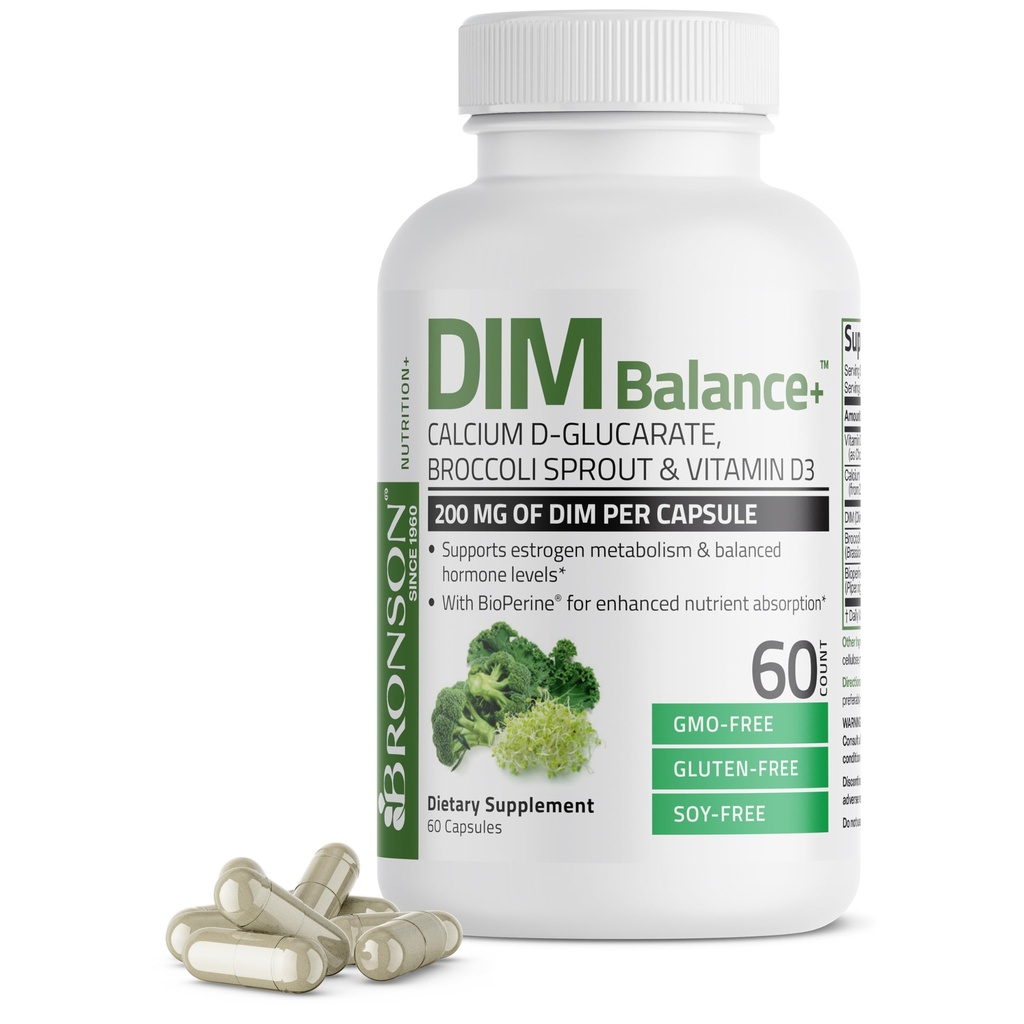 Bronson DIM Balance+ Calcium D-Glucarate, Broccoli Sprouts and Vitamin D3 200 MG of DIM per Capsule Supports Estrogen Metabolism and Balanced Hormone Levels Non-GMO, 60 Vegetarian Capsules