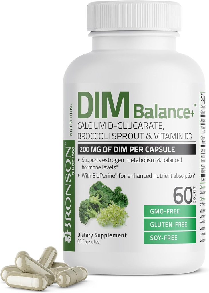 Bronson DIM Balance+ kalcija D- glikarāts, Broccoli sparģeļi un vitamīns D3 200 MG DIM katrā kapsulā atbalsta Estrogēnu metabolismu un līdzsvarotu hormonu līmeni ne- GMO, 60 Veģetārās kapsulas