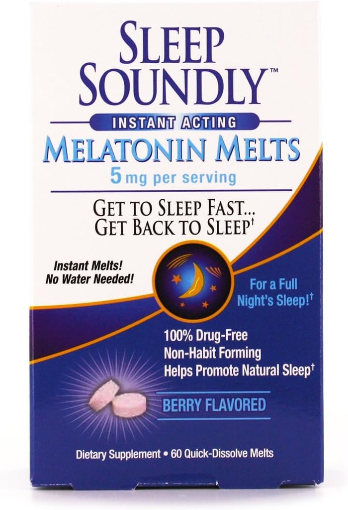 Sleep Soundly Melatonin Melatonīns 5 mg Berry Flavor, Nakts miega līdzeklis pieaugušajiem, ātras darbības miega formula, 60 Skaits, White
