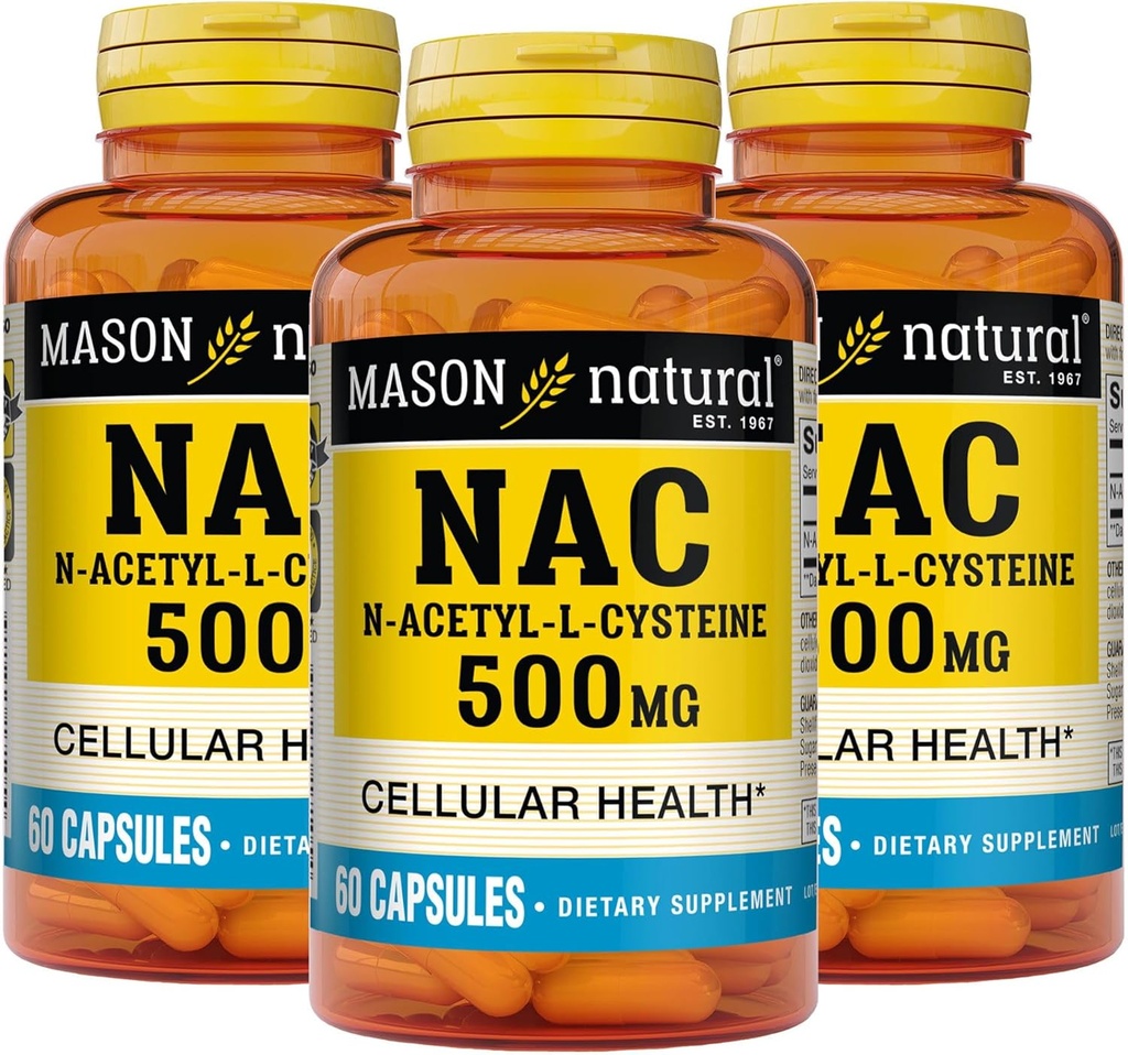 Mason Natura NAC N,Acetyl,L,Cysteine 500 mq, 6 aylıq təchizatçı, Dövlət Dəstəlik Normal Cellular Sağlamlıq, Immune Sistemi General Wellness, 3 Paket