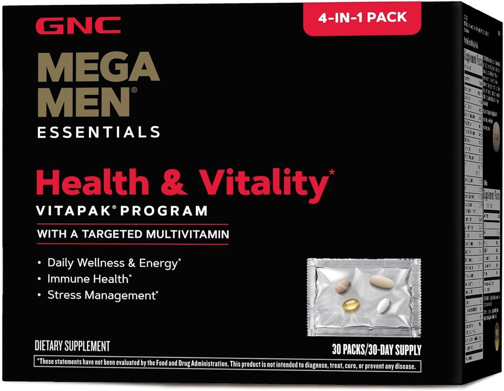 GNC Mega Vyrai Sveikata & Vitality Vitapak, 30 Dienos pakuotės, 4- in-1 Pilnas Dienos Multivitaminų ir mitybos programa vyrams