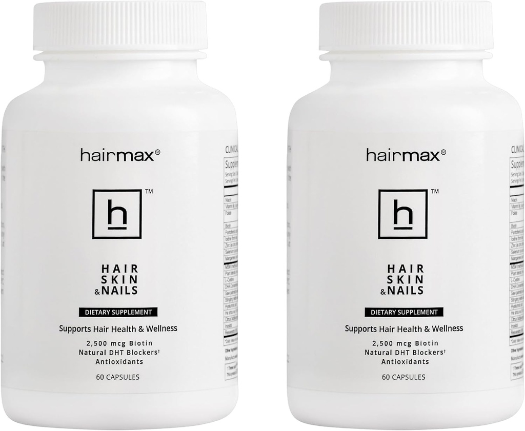 Hairmax para cabelo, pele e unhas Suplemento dietético – Perda de cabelo e tratamento de recrescimento de cabelo para mulheres e homens. Contém 2500mcg Biotina, DHT Blocker, MSM e antioxidantes, pacote de 2 garrafas