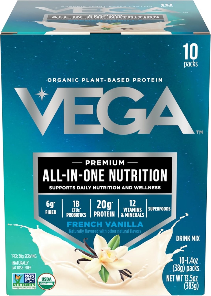 Vega Organic All-in-One Vegan Protein Powder, French Vanilla - Superfood Ingredients, Vitaminer för immunitetssupport, Keto Friendly, Pea Protein för kvinnor och män, 13,5 oz (Packaging May Vary)