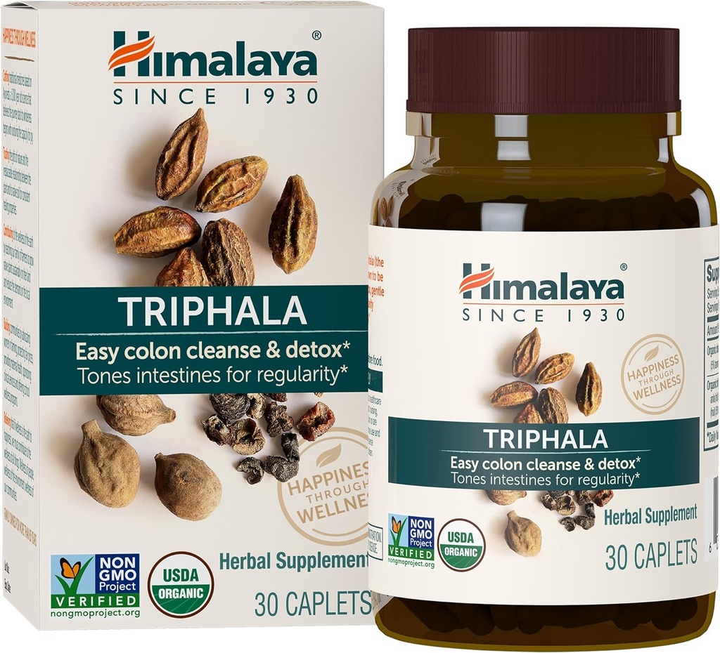 Himalaya Organic Triphala - Digestive Health Supplement for Colon Cleanse & Occasional Bloating and Concurrency Relief - USDA Organic, Vegan, Non- GMO, Gluten Free, 688 mg, 30 Caplet