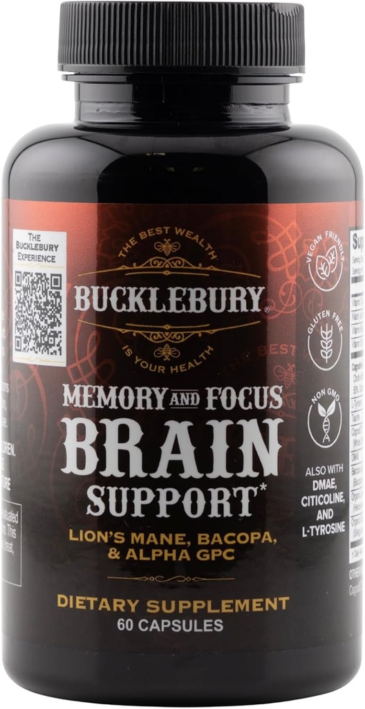 Bucklebury Mozog a pamäťové doplnky s Bacopa & Alpha GPC - Nootropný Mozog Kapsule od Cognitive Support, Focus & Mental Clarity - Pamäťové a zameriavacie pilulky pre ženy a mužov - Vegan 60 Kapsule