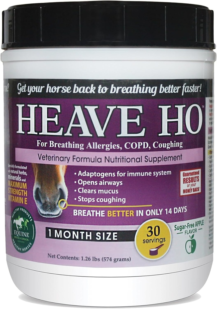 Heave Ho Horse Nutritional Supplement for Breathing Allergies, DPOC, Tosse 30 Servings Sugar-Free Apple