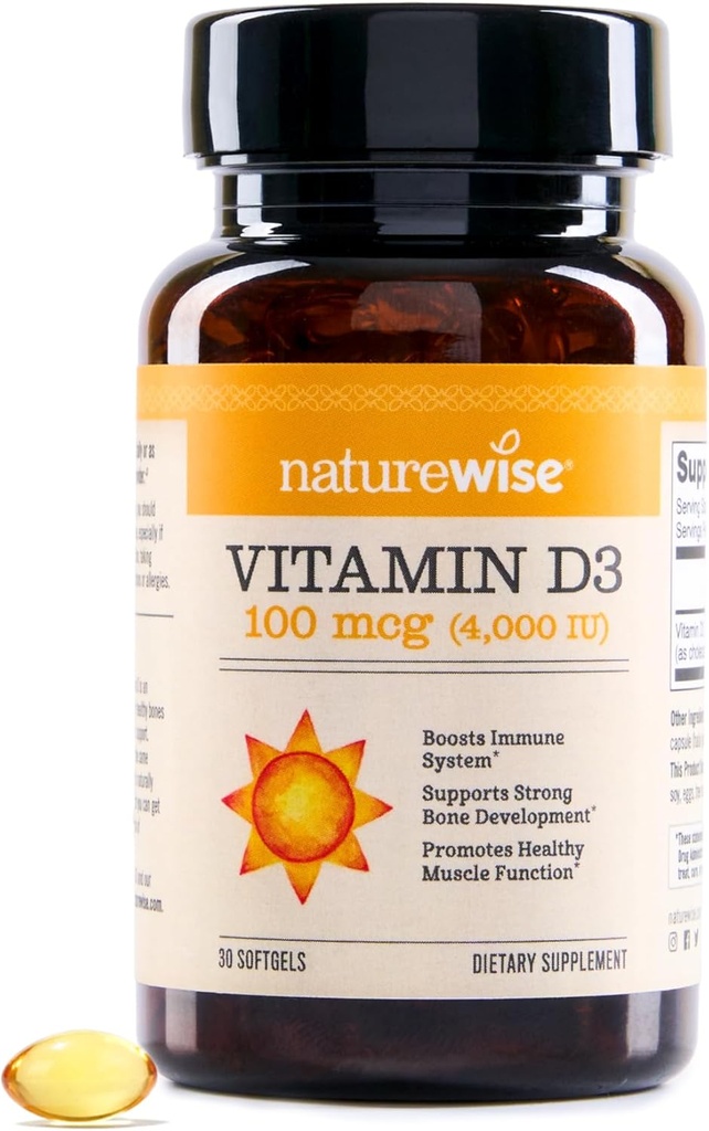 NatureWise Vitamin D3 4000iu(100 mcg) 30天的免疫支持、健康肌肉功能和骨质健康-非GMO,有机外生橄榄油中的Gluten免费(Mini Softgel),30 Counter