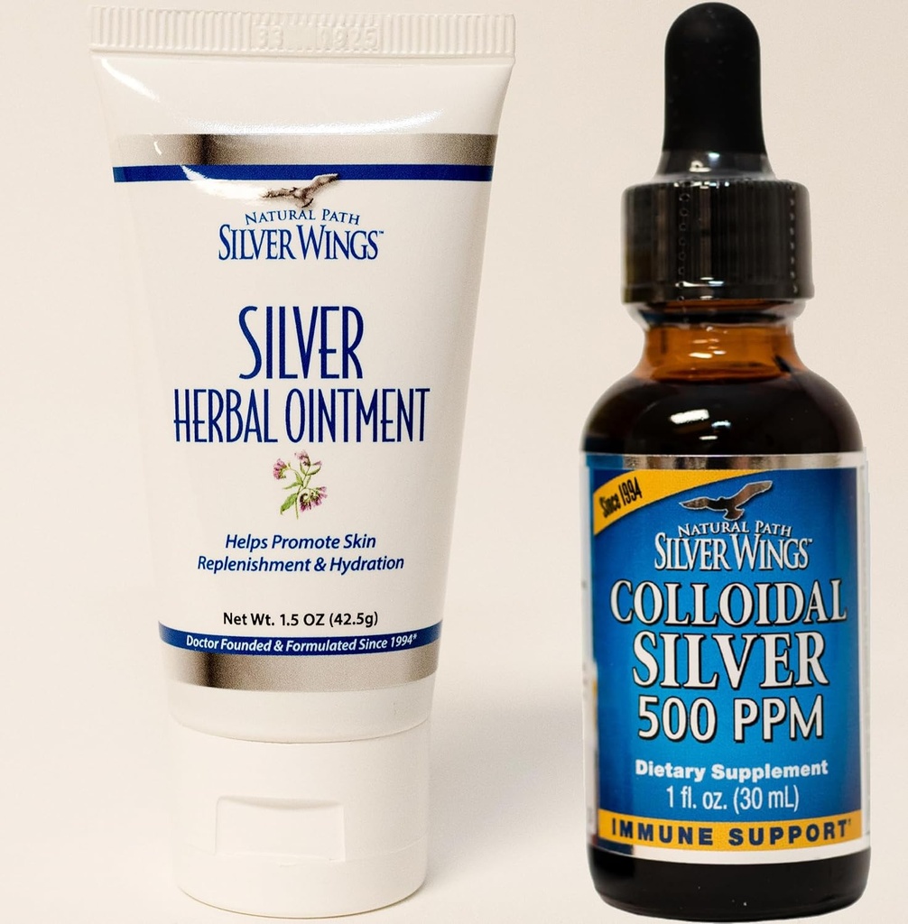 Bide naturaleko Silver Wings gehigarriak - Colloidal Silver 500 ppm (1 oz / 30 ml) Inmune euskarria Plus Herbal Ointment 250 ppm (1,5 oz)