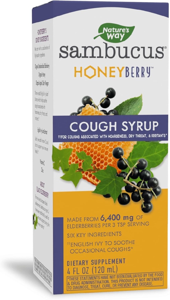Nature's Way Sambucus HoneyBerry Cough Siroop met Zwarte Vlierbes Extract & Biologische Honing, Immune Ondersteuning*, 4 Fl. Oz
