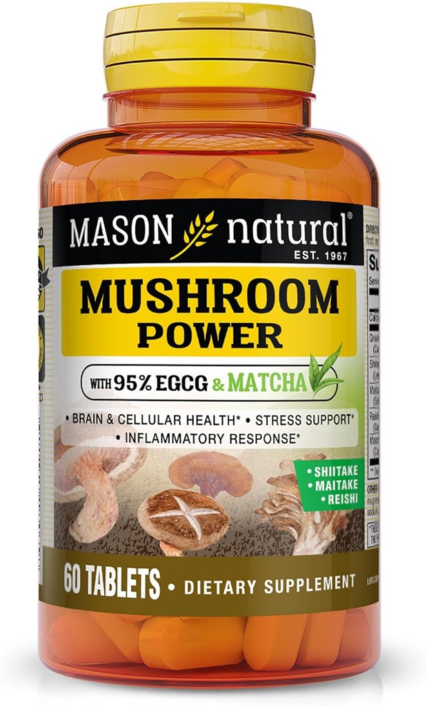 MASON NATURAL Mushroom Power s 95% EGCG a Matcha, Rastlinné-založené vzorec s Shiitake, Maitake, Reishi, 60 tabliet