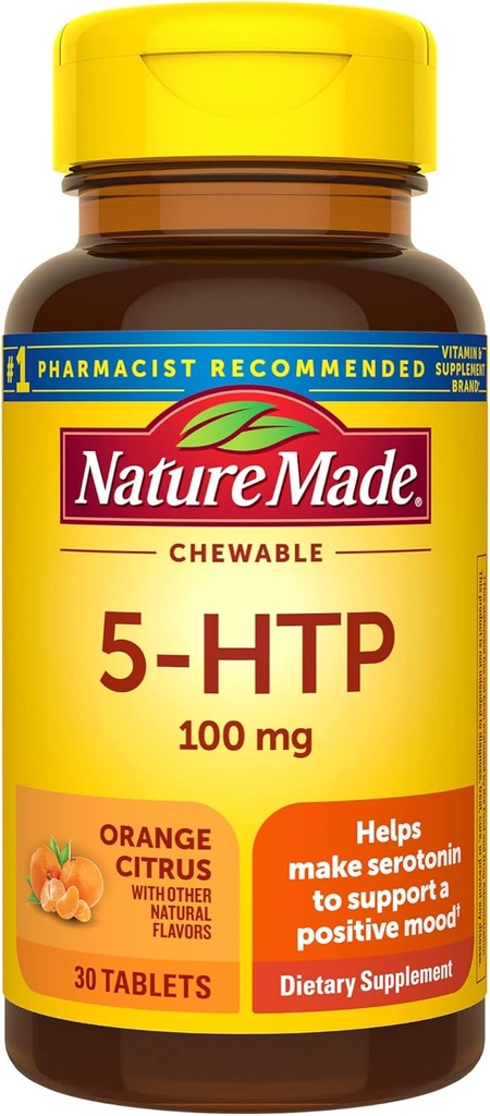 Natureza mastigável 5HTP 100mg, 5-HTP suplemento de suporte de humor, 30 5 HTP comprimidos mastigáveis, 30 fornecimento de dia