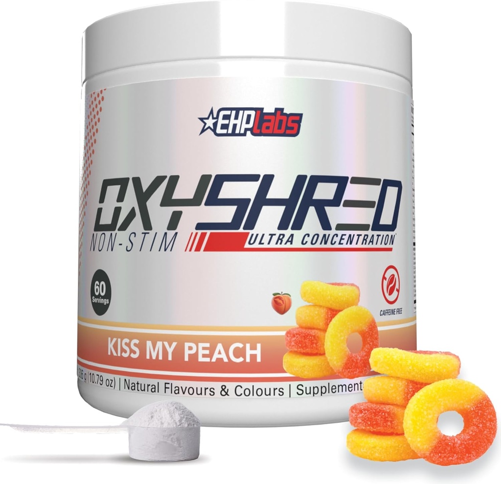 EHP Labs OxyShred não estimulante pré-treino em pó - Stim Free Pré-treino, Cafeína pré-treino gratuito para homens e mulheres com L Glutamina e Acetil L Carnitina - pêssego, 60 Servings