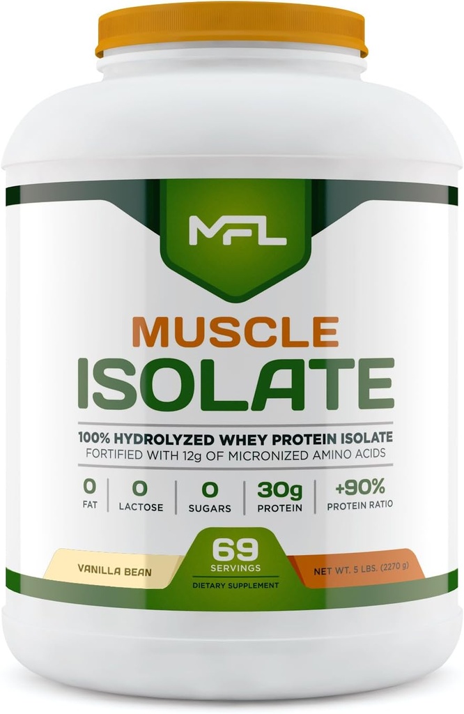 MFL 100% Isolé Protéine l 30g de Protéine l 12g Acides aminés l Keto Friendly l Faibles glucides l 5 lbs. (Fèves de vanille)