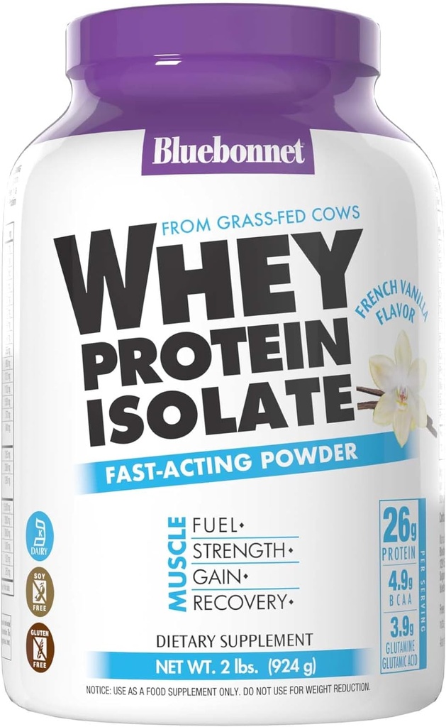 BlueBonnet Nutrition Whey Protein Isolate Powder de Grass Fed Cows, 26g de Protein, No Sugar Añadido, Gluten &amp; Soy libre, kosher Dairy, 2 Lbs, 28 Servings, French Vanilla Flavor