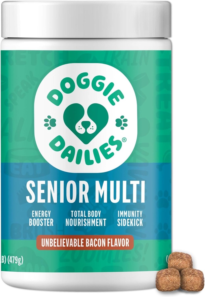 Doggie Dailies Senior Essentials Multivitamin for hunder Myke Chews  Advanced Avansert hund Multivitamin | Ernæringsstøtte for ledd, hud og Coat, Digestion og immunsystemet | Bacon Flavor | 120 greve