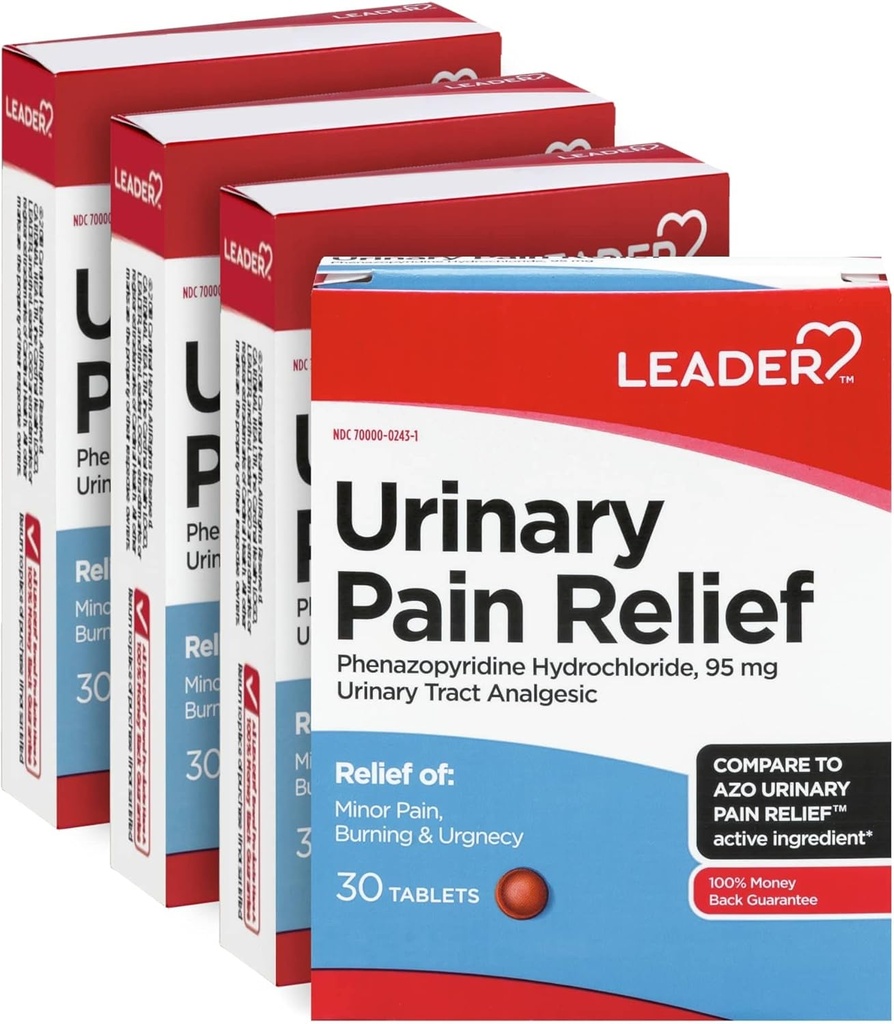 Learder Urinary Pain Relief Maximum Kekuatan, Quast Relief of UTI Pain, Burning & Urgency Trakte Relief, Phenazopyridine Hydrochloride 95 mg, 30 Tablet, 4-Pack