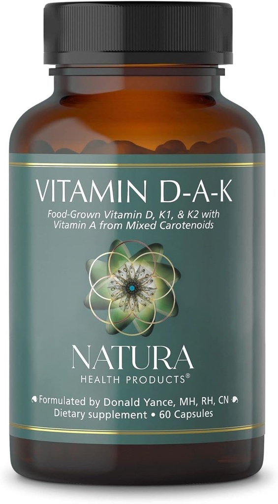 Natura Produse de sănătate Suplimentul vitamina D-A-K - Suporturi funcţie osoasă sănătoasă, inimă şi viziune, Vitamine D3 5000 UI, A 1000 UI, K2 50 mcg, K1 550 mcg, Biodisponibile (60 capsule)