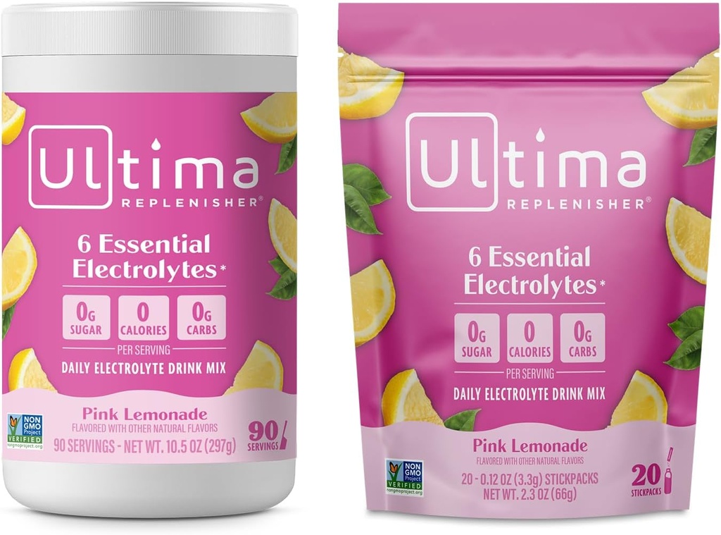 Ultima Replenisher Electrolyte Powder Drink Mix Bundle – Sugar Free – Pink Lemonade, 90 Servierkanister und 20 Stickpacks – 6 Elektrolyte und Mineralstoffe – Keto Friendly, Vegan, Non-GMO