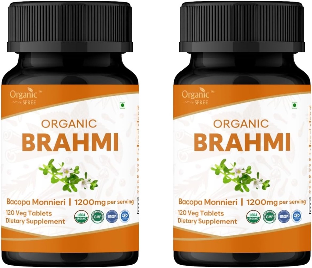 Brahmi 120 tabletti - USDA orgaaniline Bacopa Monnieri lisand - toetab fookust, rahulikkust ja mälu - taimset nootroopset * - 2 pakendit