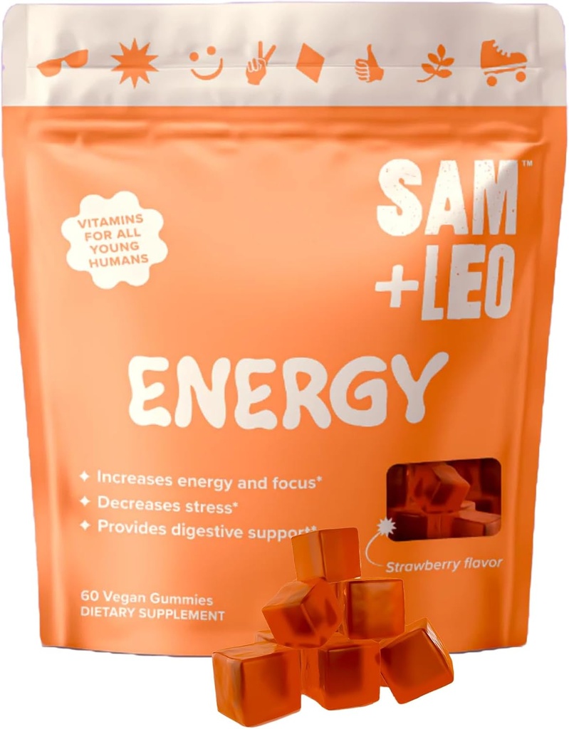 SAM + LEO Permen Energi untuk Anak-anak - dengan Biotin, Vitamin C, B3, B6, dan B12 - Semua Natural & Vegan untuk Suplemen Energi & Focus untuk Anak-Anak - Stress & Digetsy Dukungan, Gummies Strawberry - 60 / ct