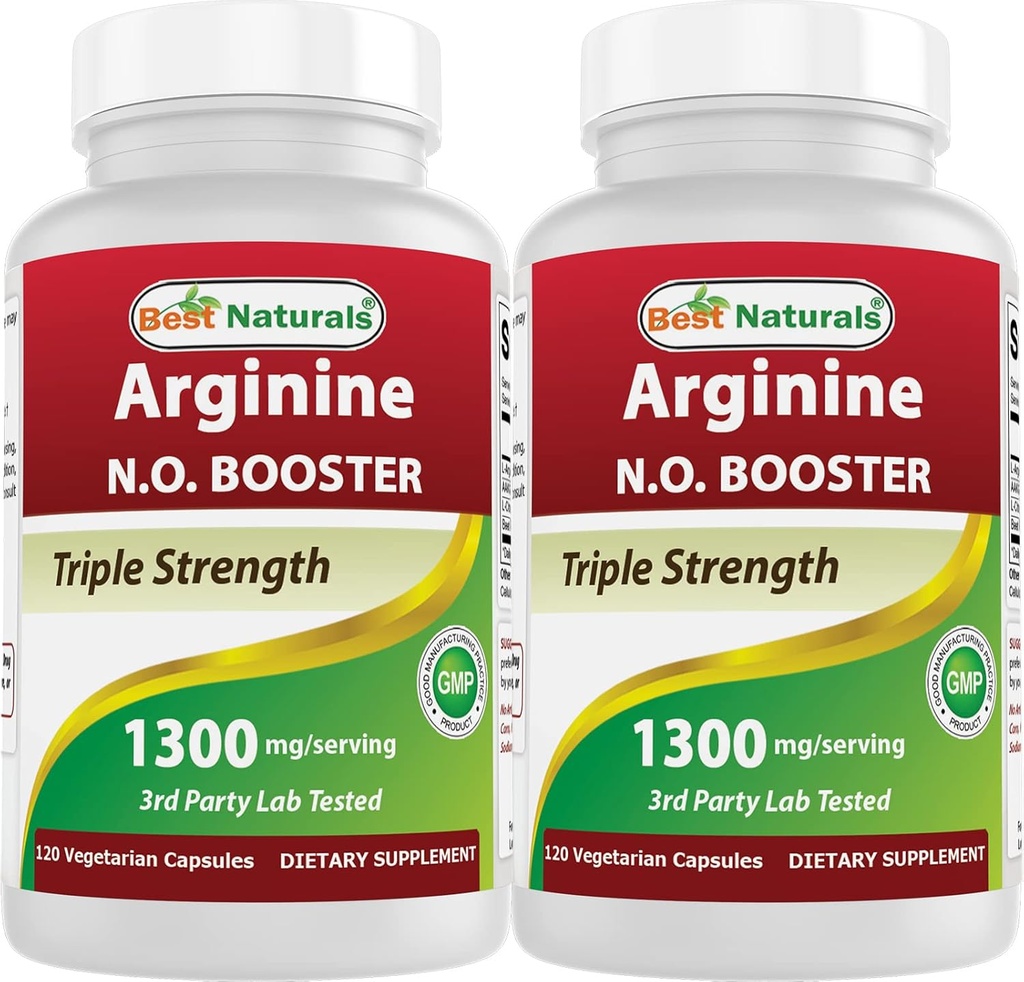 Bedste Naturals L- Arginin NO Booster Triple Strength 1300 mg Serving 120 Veg Kapsler (120 Count (pakke med 2))