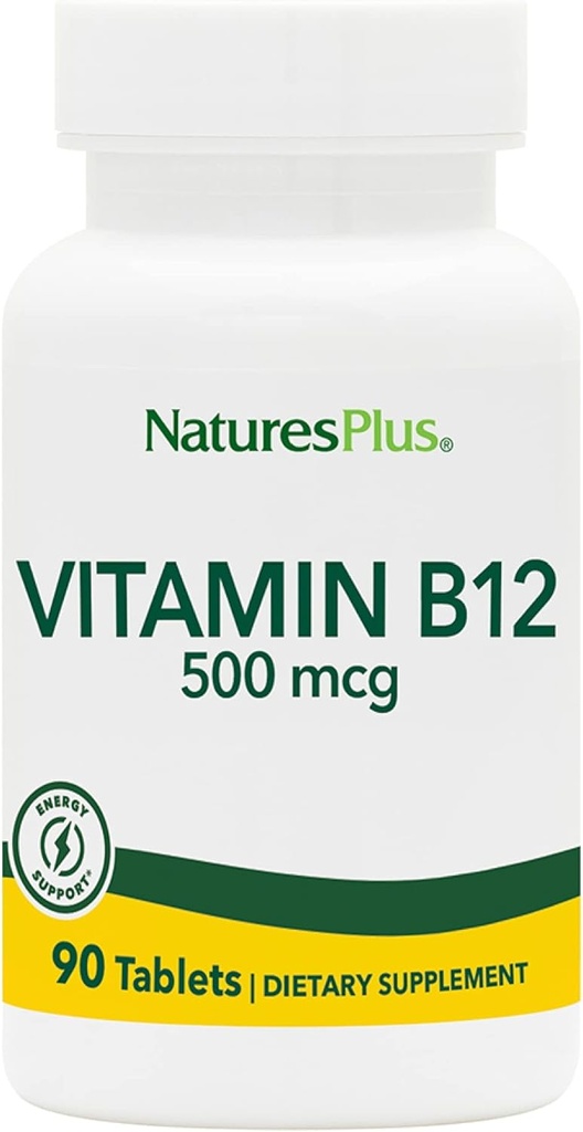 Natures Plus Vitamin B12 (Methylcobalamin) - 500 mcg, 90 vegetariska tabletter - Hög styrka Red Blood Cell Support - Natural Energy Booster, främjar övergripande hälsa - Glutenfri - 90 portioner