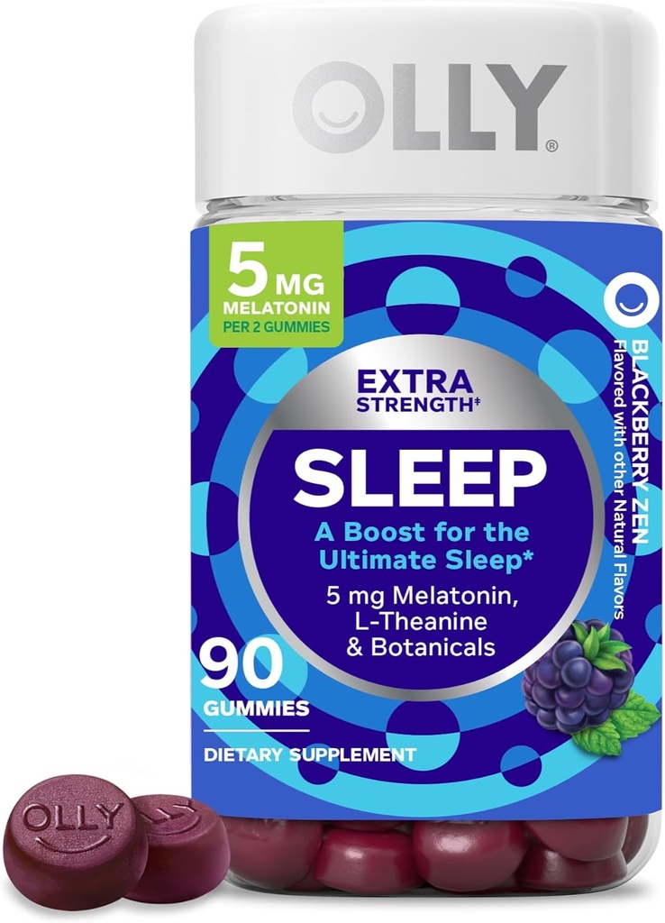 OLLY Extra Strength Sleep Gummy 5 mg Melatonin, L-Theanine, Chamomile, Lemon Balm Extracts, Sleep Aid, BlackBerry Flavor - 90 Conde