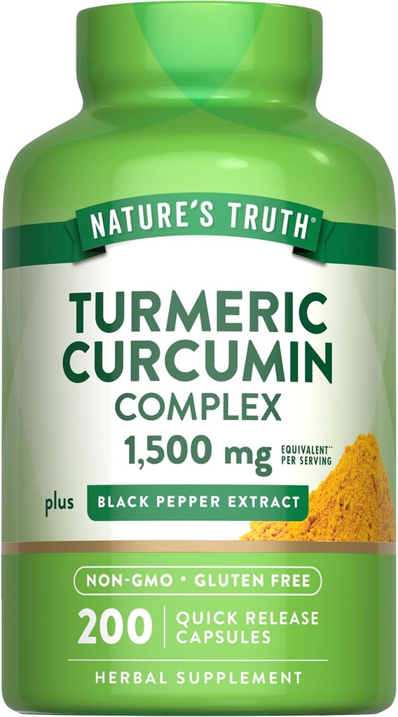 Nature's Truth Turmeric Curcumin Complex | 1500mg | 200 capsule | con estratto di pepe nero | Non OGM & Gluten Integratore gratuito