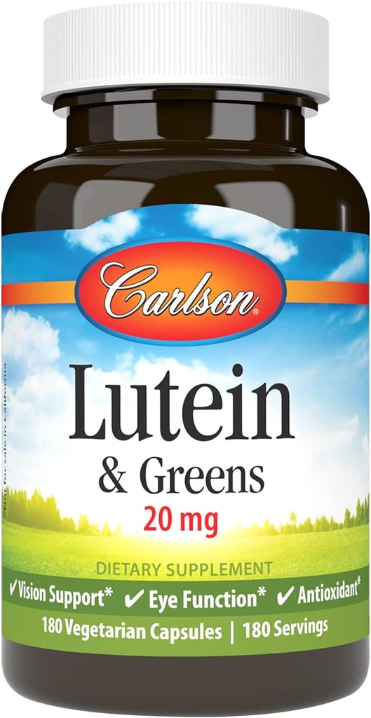 Carlson - Lutein & Greens, 20 mg, Vision Support & Eye Function, Przeciwutleniacz, 180 Kapsułki wegetariańskie