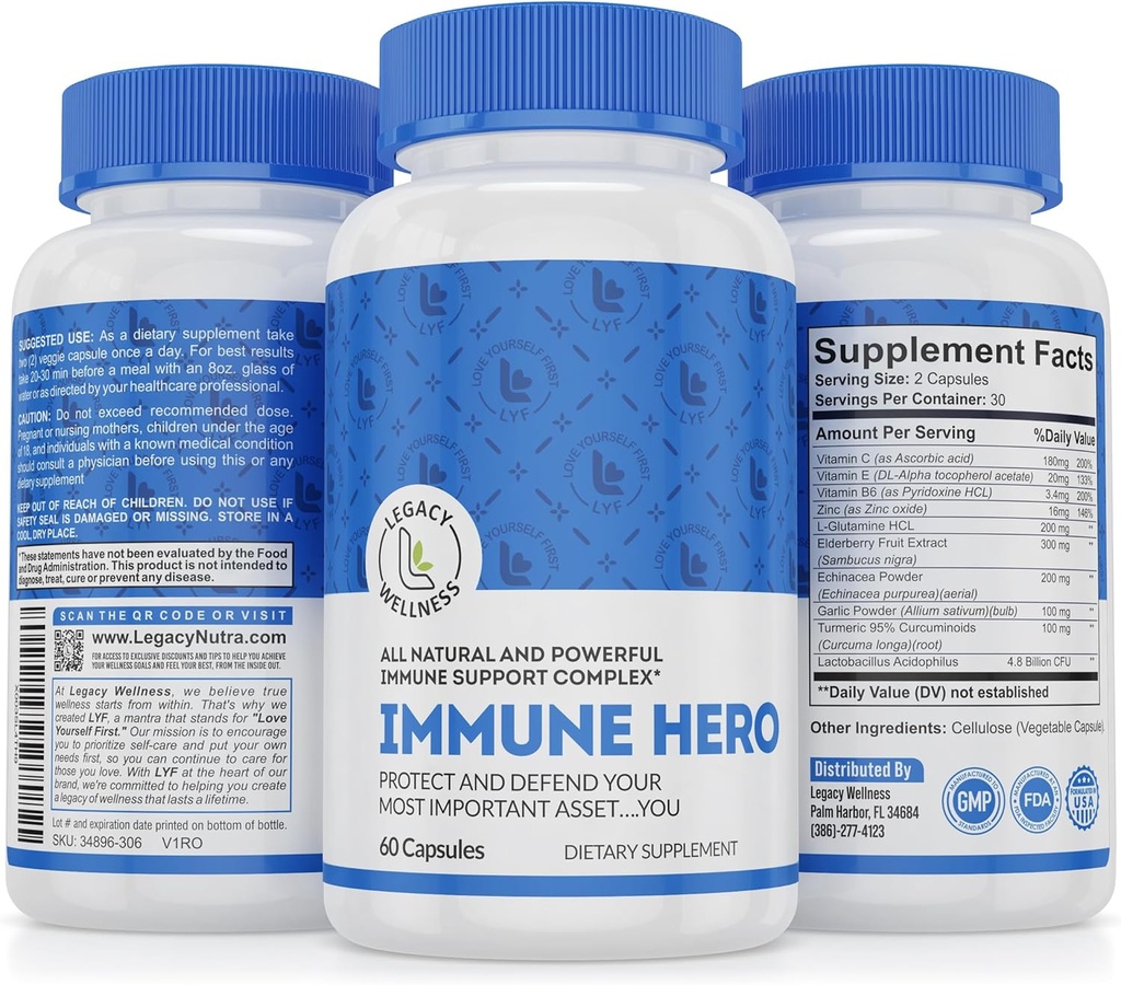 Imune Hero Immune Suplemen - Imune System Vitamin - Vitamin C, E, B6, Zinc, L-Glutamine, Echinacea, Garlic, Turrenic + Elderberry Capsules + Progories untuk Gut Health Protection, Vegan