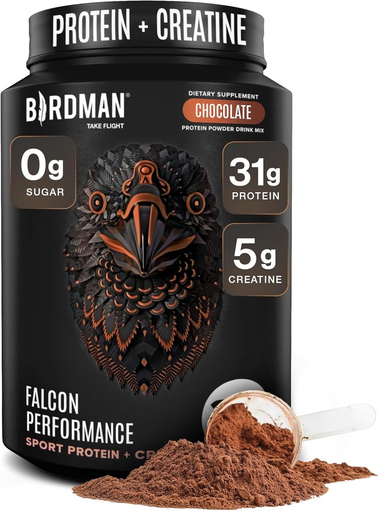Birdman Falcon Performance Vegan Protein Powder, 31g Protein, 5g Creatine, 5g BCAA, Probiotikoak, Electrolytes, Pre Workout, Sugar Free & Dairy Free, Landareetan oinarritutako txokolate-proteina 19 zerbitzu
