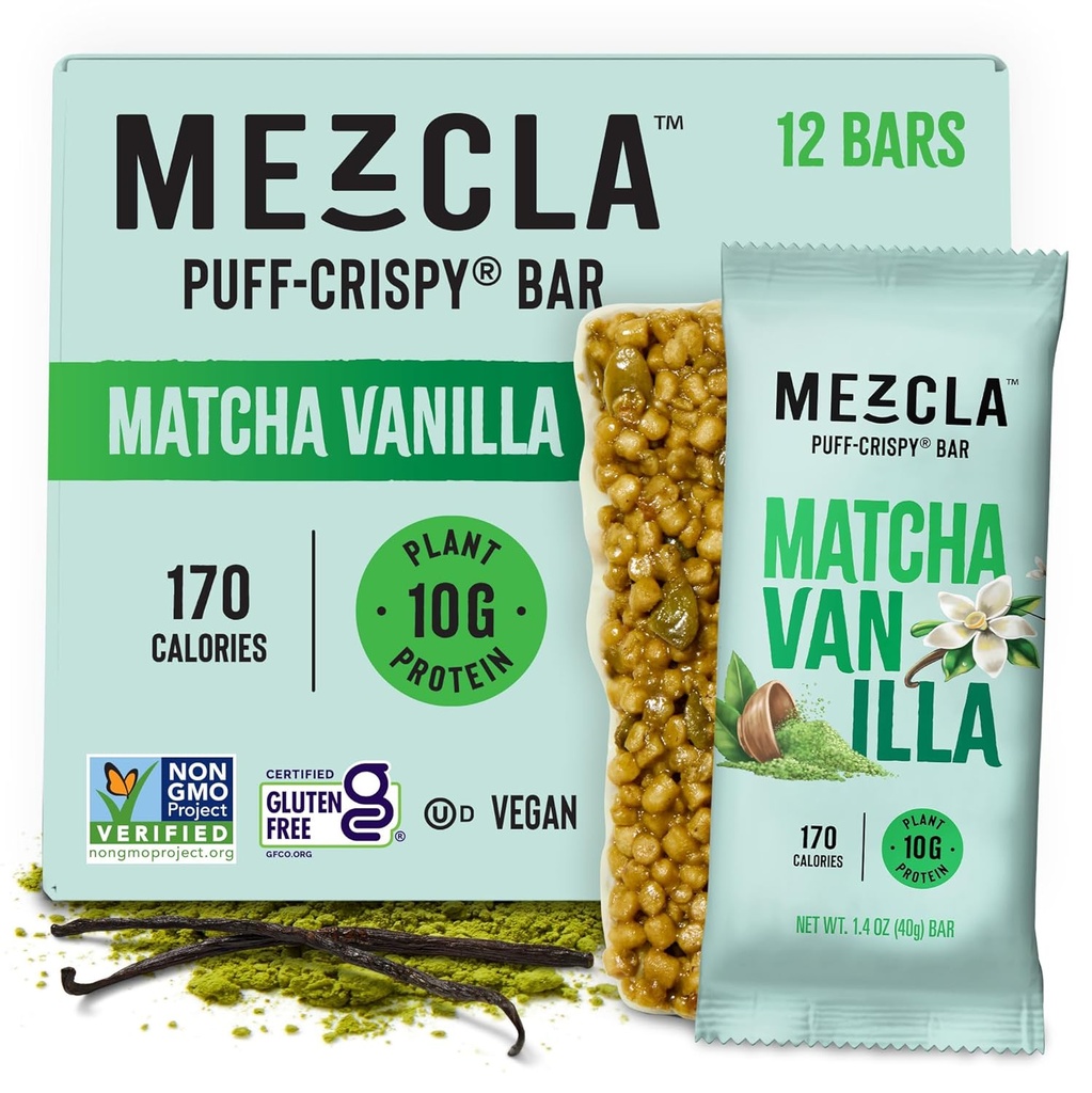 Mezcla Puff Crispy Protein Bars, Gluten Free & Vegan Protein Bars, 10g Protein, Alt für Crispy Rice Treat, Granola Bars & Breakfast Bars, Gesunde Snacks für Erwachsene, Matcha Vanilla, 12 Pack