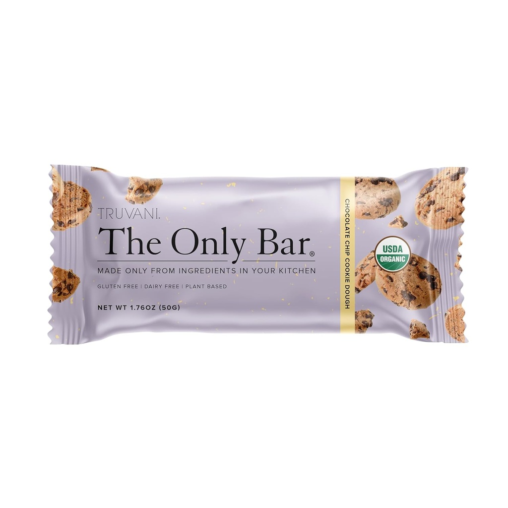Truvani Plant Based Snack Bar | 초콜릿 칩 쿠키 반죽 1 팩 | 5g Protein | USDA Organic and Vegan | The Only Bar | Dairy, Soy, Gluten Free | 개별적으로 포장