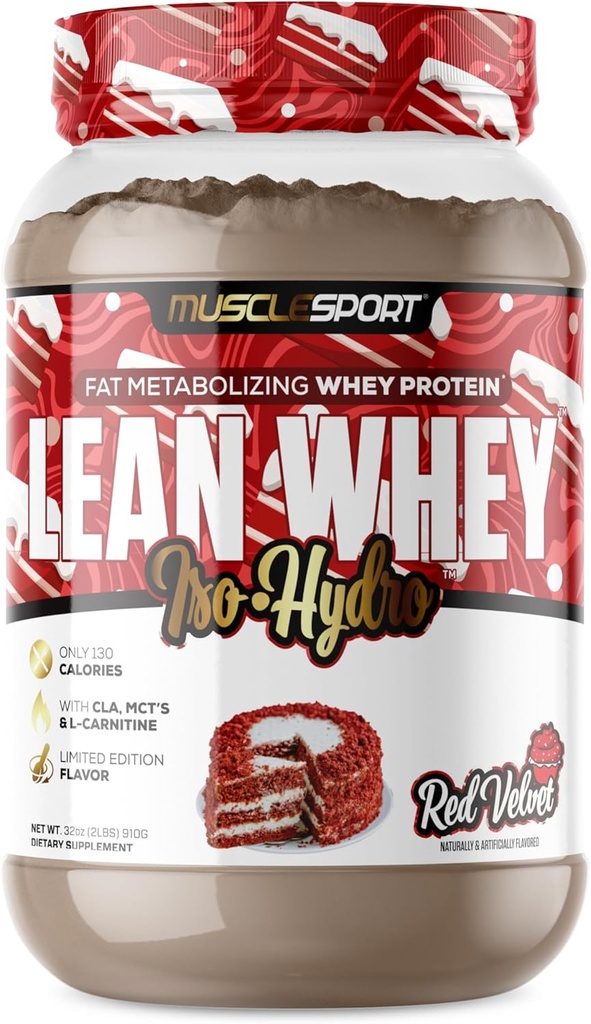 אבקת חלבון שרירי Lean Whey Revolution - Whey חלבון Isolate - Low Calorie, Low Carb, שומן נמוך, פלאברס מדהים - 25g חלבון per Scoop - 2lb Red Velvett