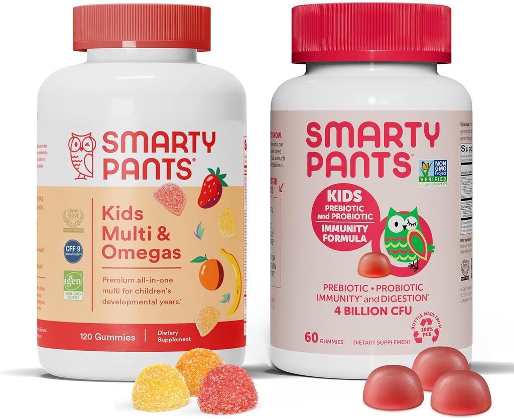 SmartyPants Kids Multivitamin Gummies and Probiotic Immunity Bundle: Omega 3 Fish Oil (EPA / DHA), vitamin D3, C, vitamin B12, B6, Digestiv og immun støtte Supplement (30 dagers forsyning)