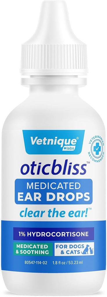 Vetnique Oticbliss Medicated Cat & Dog Ear Cleaner Drops - Soothe Itching, Redness, & Swelling에 1% Hydrocortisone를 가진 개 귀 감염 처리 - Vet 추천