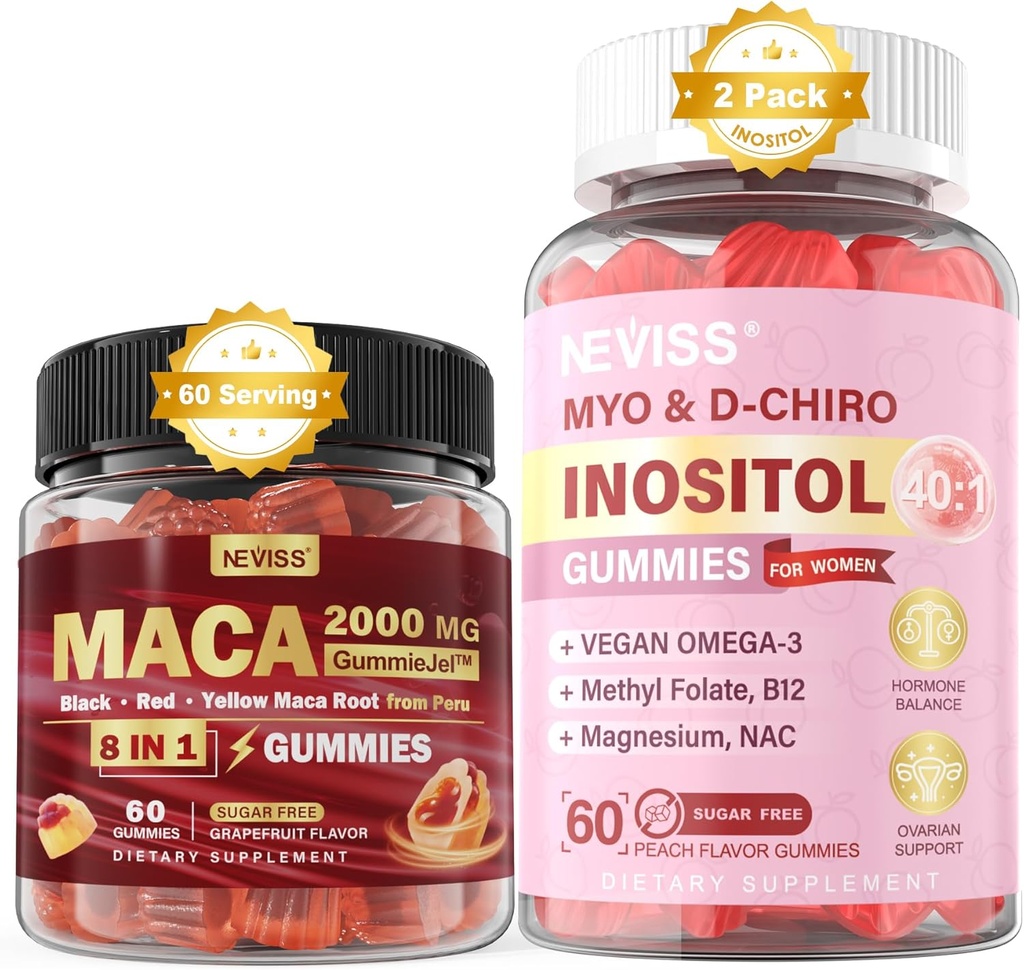 NEVISS Sugar Free 1Pack Maca Juur Täidetud Gummies & 2Pack Myo-Inositool & D-Chiro Inositool Gummies