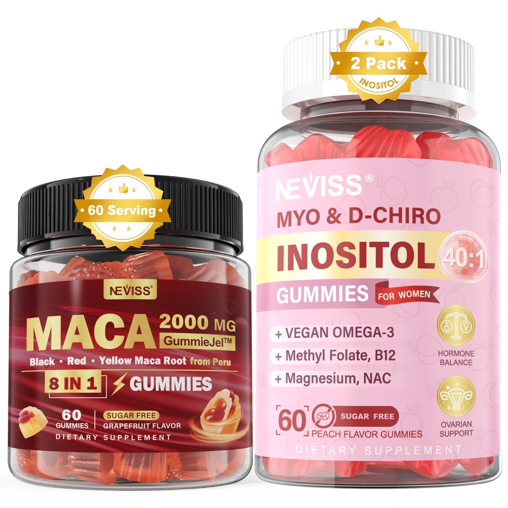 NEVISS Sugar Free 1Pack Maca Root Filled Gummies & 2Pack Myo-Inositol & D-Chiro Inositol Gummies